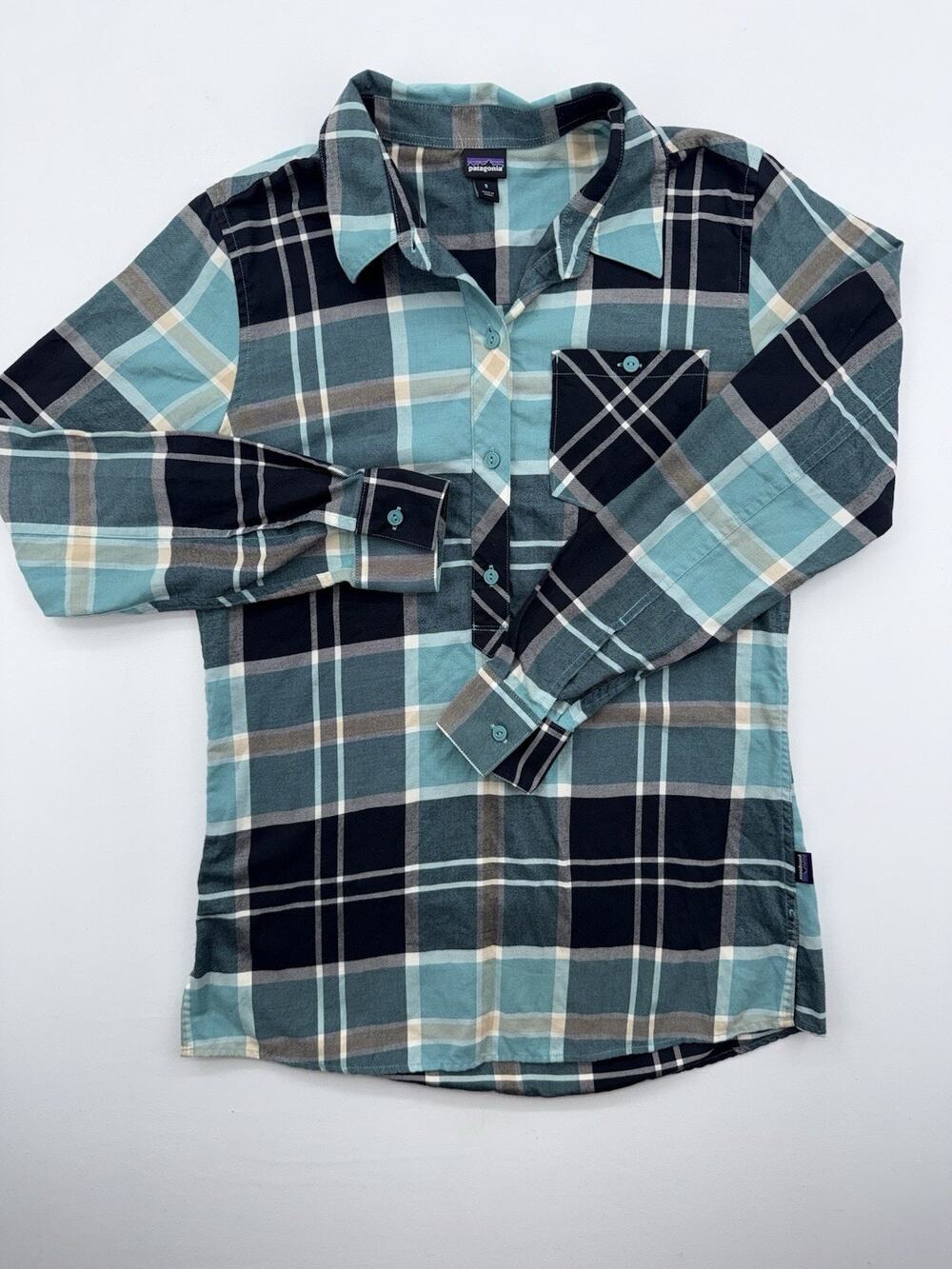 Patagonia Women Small Flannel Shirt Teal Blue Plaid Organic Cotton Button Up
